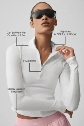 T-shirt à manches longues Alo Softsculpt Precision avec fermeture éclair 1/4 – Blanc