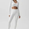 T-shirt à manches longues court « Serene » sans coutures et à côtes - Blanc