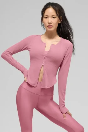 T-shirt à manches longues côtelé Stardust – Rose sauvage