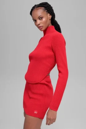 T-shirt à manches longues dos nu en maille denim - Rouge vif