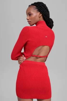 T-shirt à manches longues dos nu en maille denim – Rouge vif