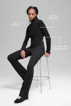 T-shirt à manches longues en maille denim dos nu – Noir/Anthracite