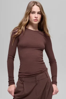 T-shirt à manches longues en modal côtelé - Brownstone