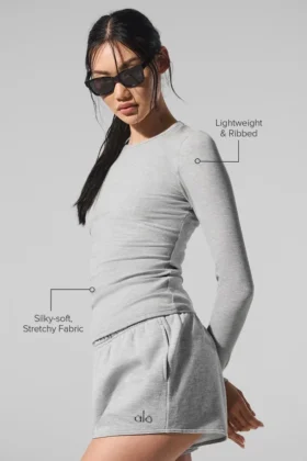 T-shirt à manches longues en modal côtelé – Gris athlétique chiné