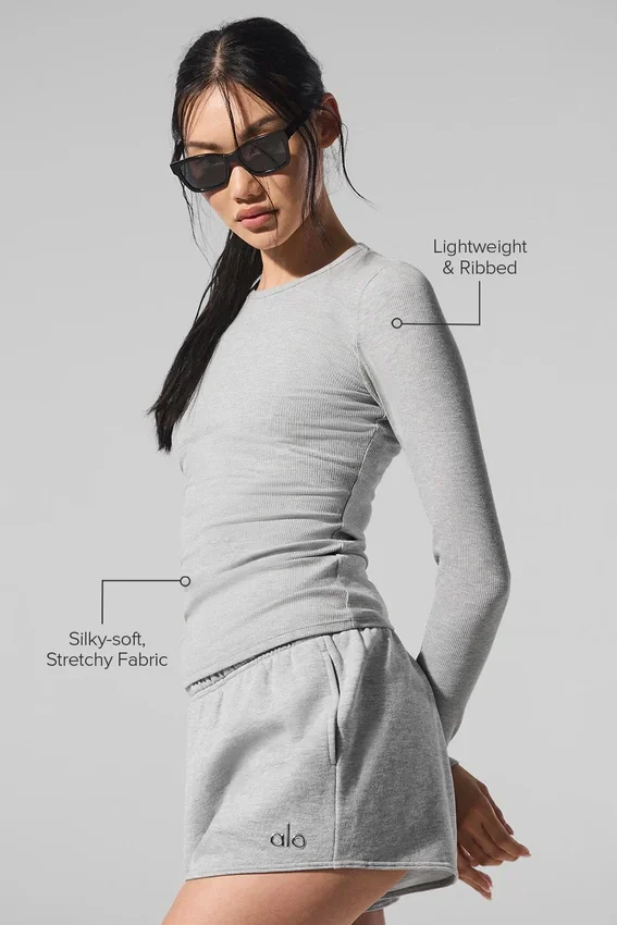T-shirt à manches longues en modal côtelé – Gris athlétique chiné