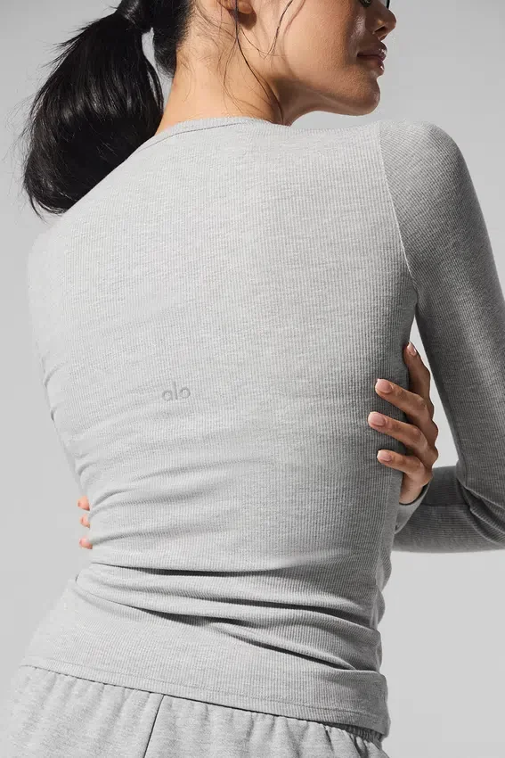 T-shirt à manches longues en modal côtelé – Gris athlétique chiné