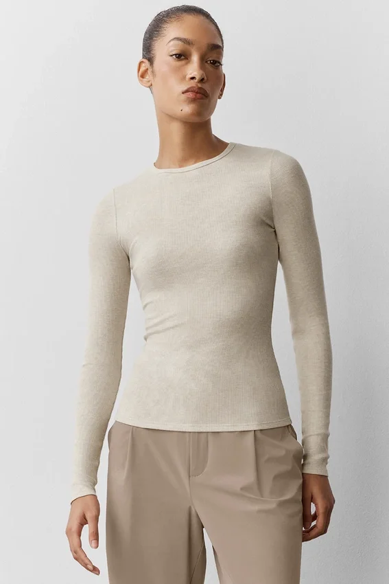 T-shirt à manches longues en modal côtelé - Oatmeal Heather