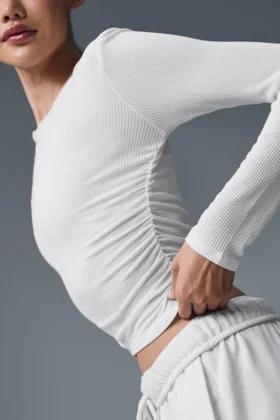 T-shirt à manches longues froncé – Blanc