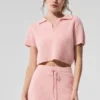 T-shirt polo en cachemire moelleux à motif gaufré - Quartz rose