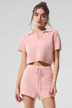 T-shirt polo en cachemire moelleux à motif gaufré - Quartz rose