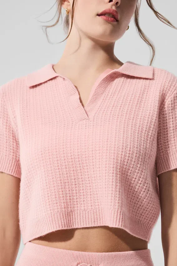 T-shirt polo en cachemire moelleux à motif gaufré - Quartz rose