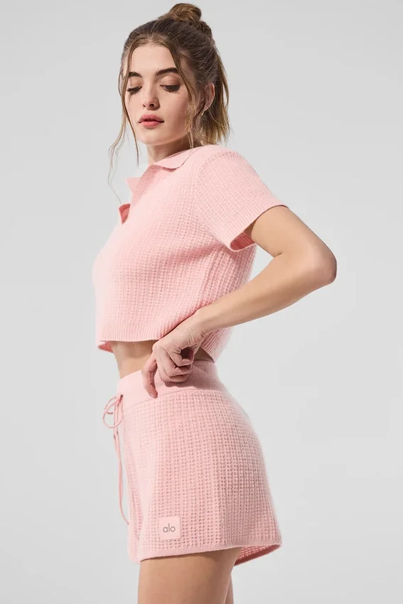 T-shirt polo en cachemire moelleux à motif gaufré - Quartz rose