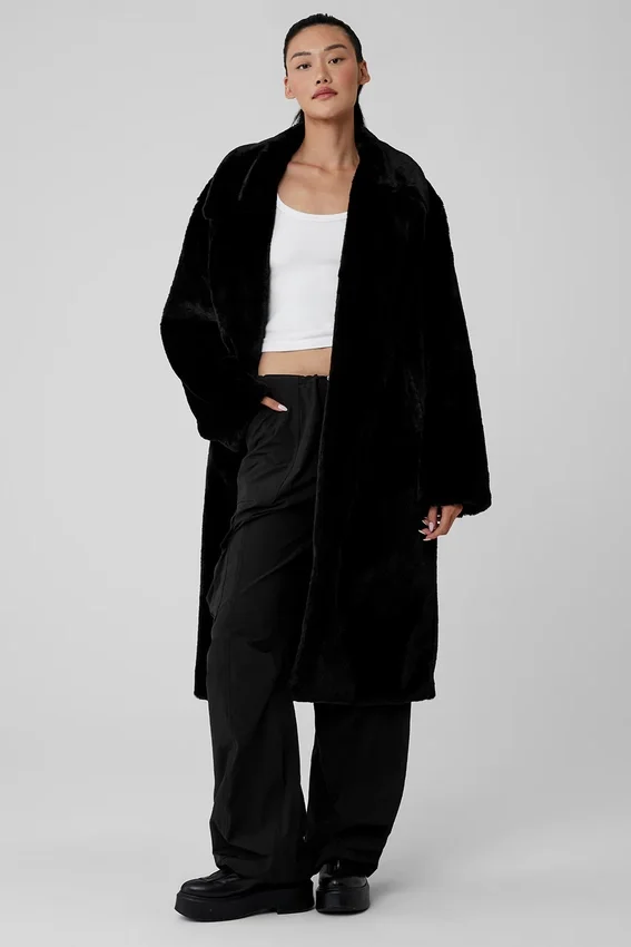 Trench oversize en fausse fourrure - Noir