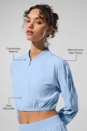 Veste courte et aérée à fermeture éclair intégrale – Bleu coquillage