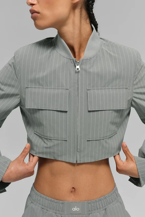 Veste courte à fermeture éclair intégrale « Main Character » à fines rayures - Gris lunaire/Blanc
