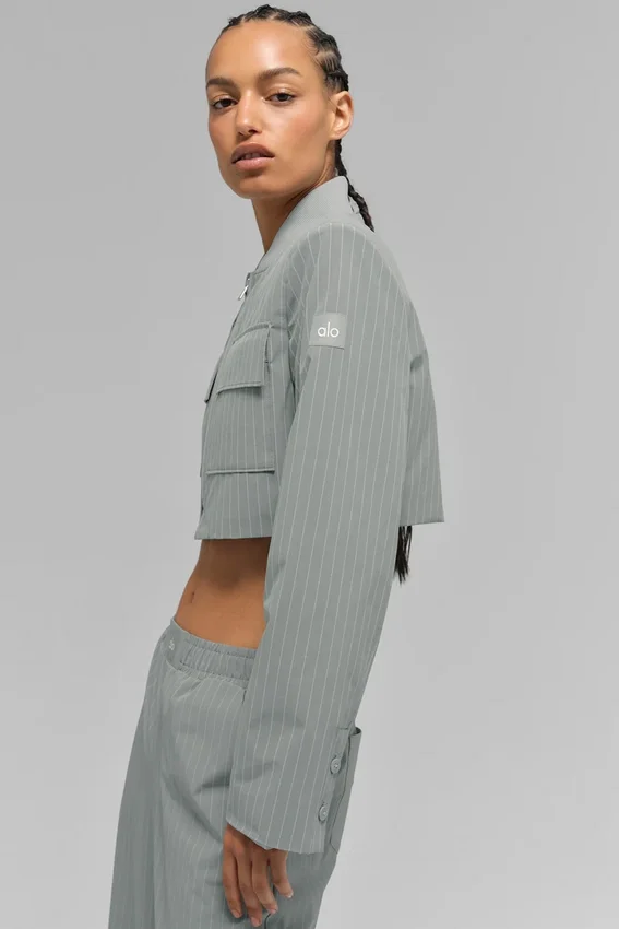 Veste courte à fermeture éclair intégrale « Main Character » à fines rayures - Gris lunaire/Blanc