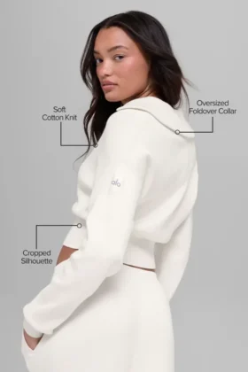 Veste courte zippée intégrale en tricot Scholar – Ivoire