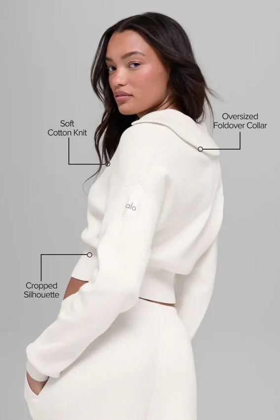 Veste courte zippée intégrale en tricot Scholar - Ivoire