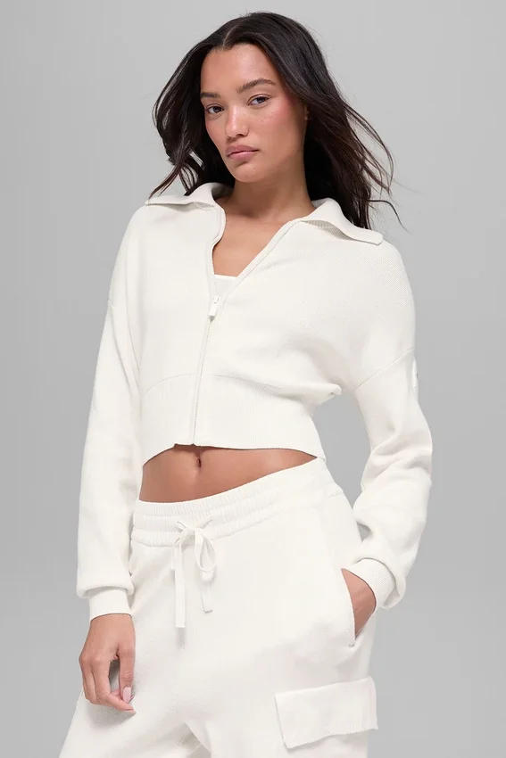 Veste courte zippée intégrale en tricot Scholar - Ivoire