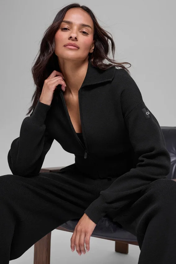 Veste courte zippée intégrale en tricot Scholar - Noir