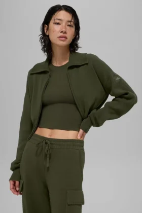 Veste courte zippée intégrale en tricot Scholar - Vert olive