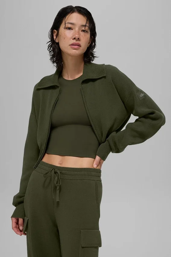 Veste courte zippée intégrale en tricot Scholar - Vert olive