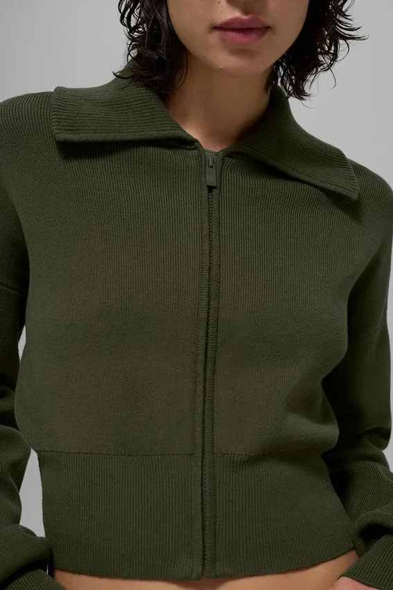 Veste courte zippée intégrale en tricot Scholar - Vert olive