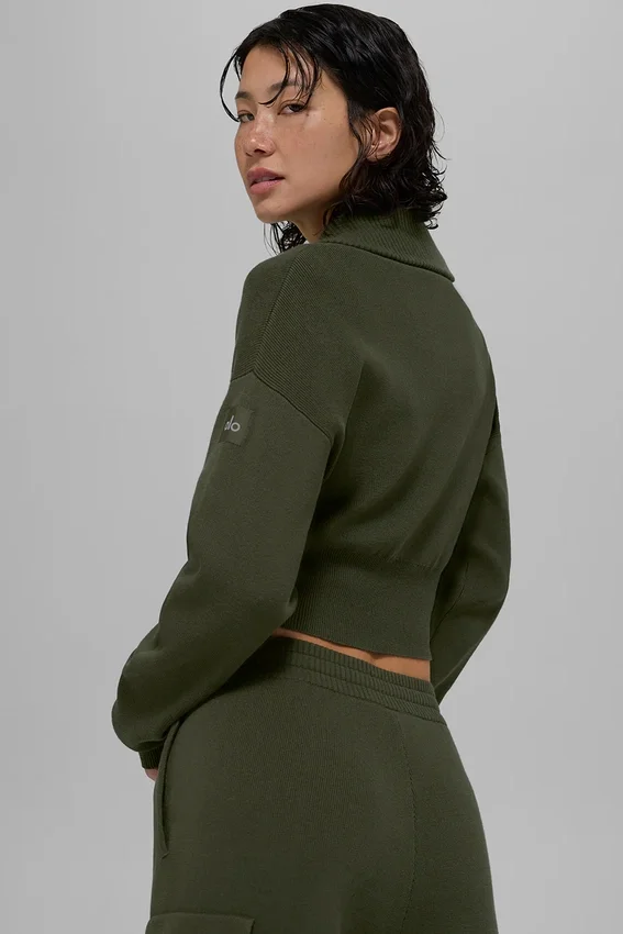 Veste courte zippée intégrale en tricot Scholar - Vert olive