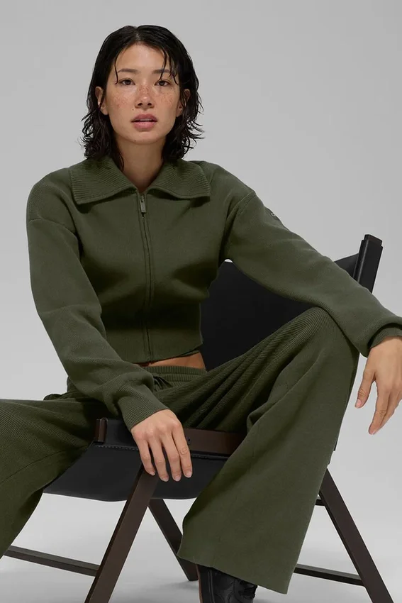 Veste courte zippée intégrale en tricot Scholar - Vert olive