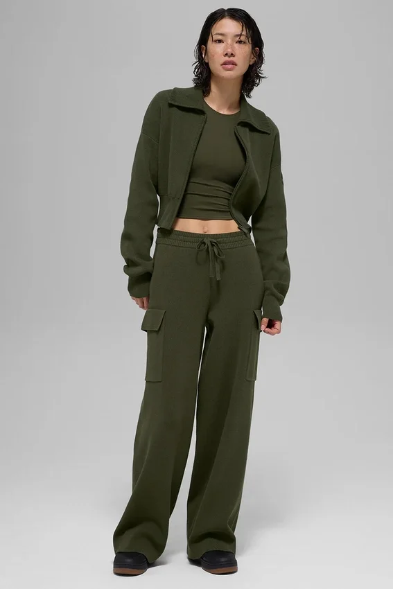 Veste courte zippée intégrale en tricot Scholar - Vert olive