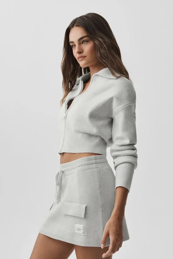 Veste courte zippée Scholar en maille - Blanc chiné