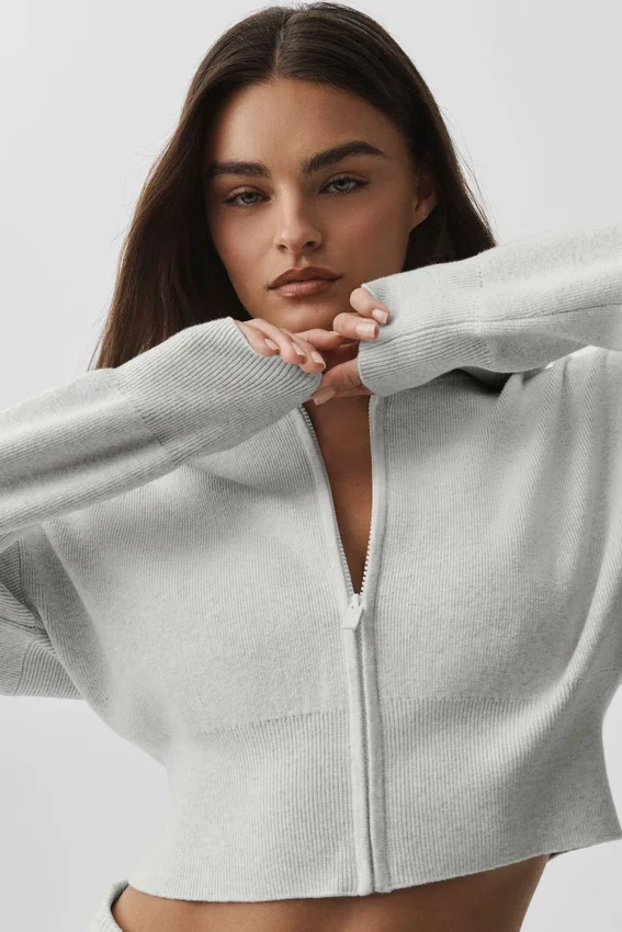 Veste courte zippée Scholar en maille - Blanc chiné