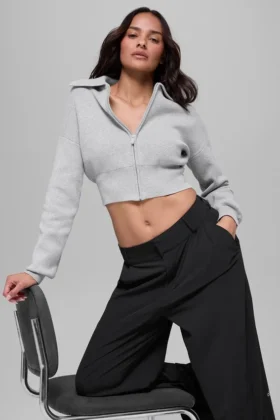 Veste courte zippée Scholar en maille – Gris chiné athlétique